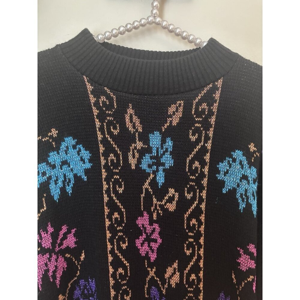 Vintage Dana Scott Womens Size M Black Sparkly Floral Tunic Sweater Mock Neck - Picture 2 of 5